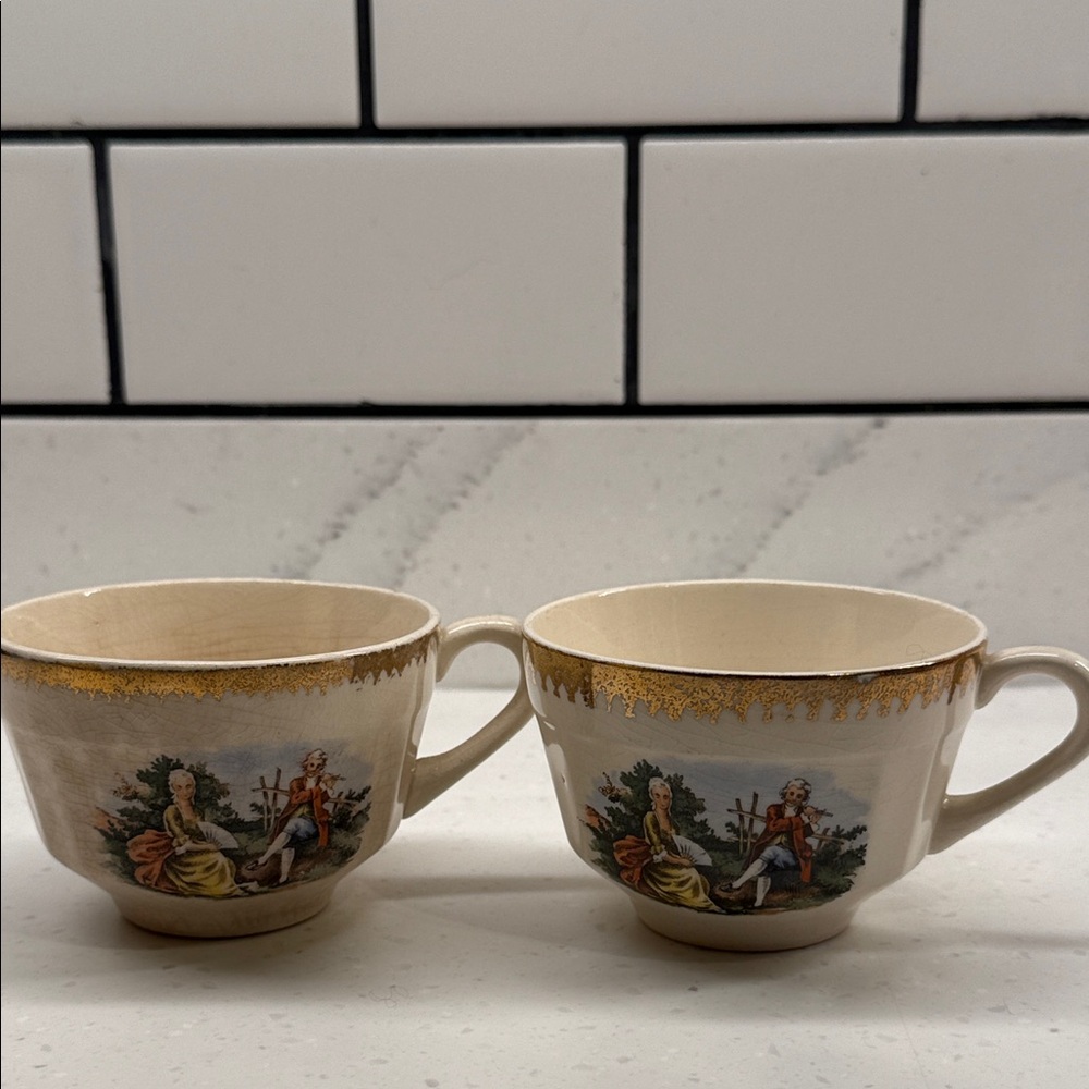 Cronin China Colonial Courting Couple Teacups w/ Gold Trim (Set of 2) [A]